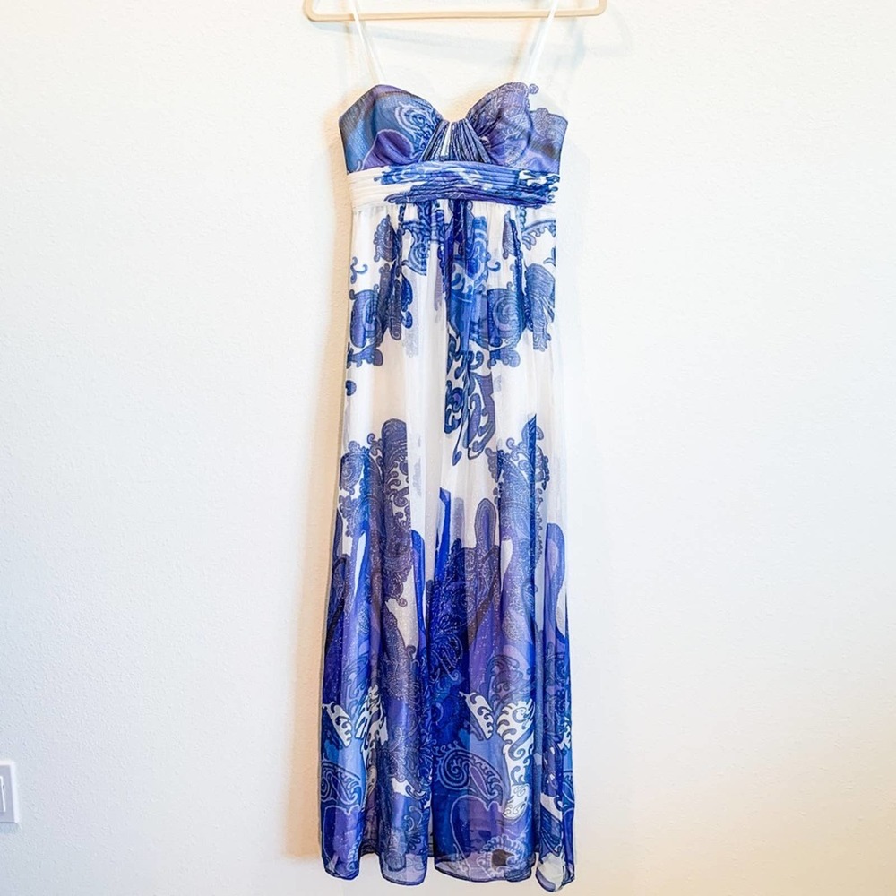 Aqua Silk Blue White Full Length Strapless Dress 0